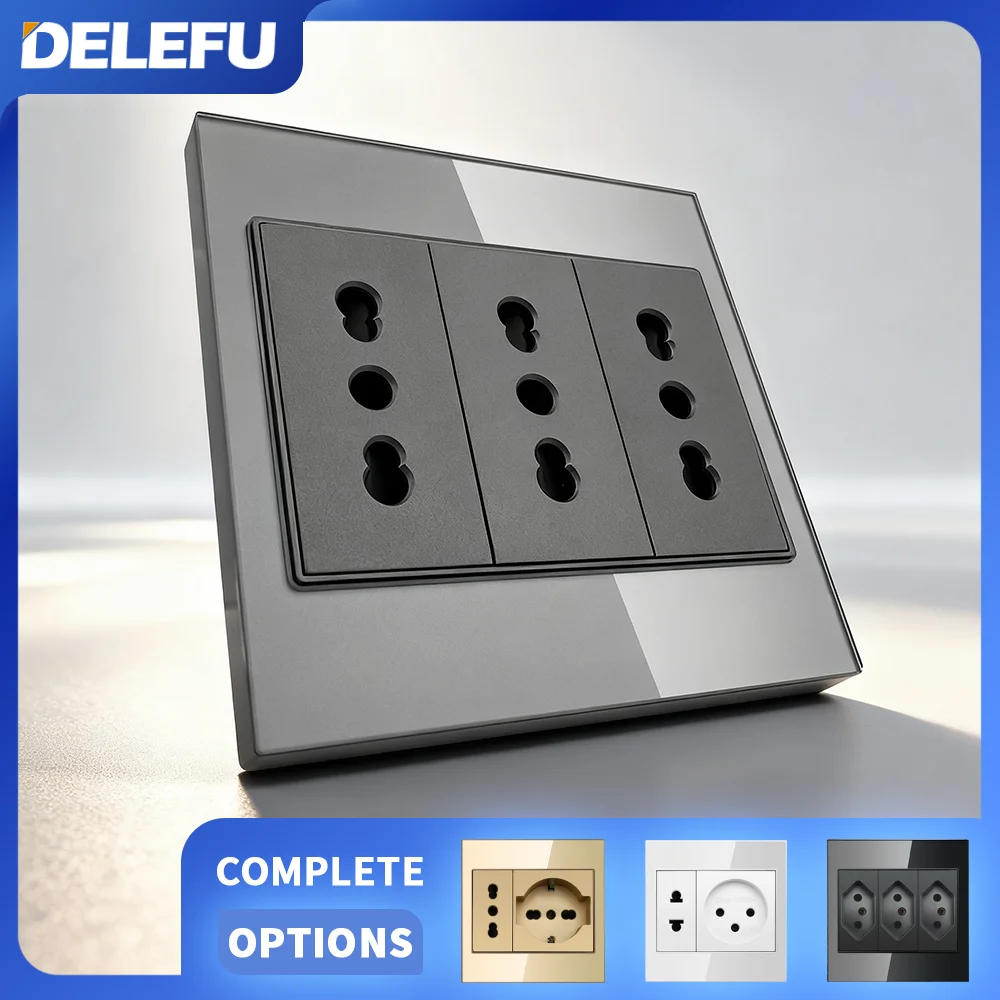 DELEFU White Black Grey Gold Glass Panel 3*3 Italian Brazil Isreal US Standard Wall Socket