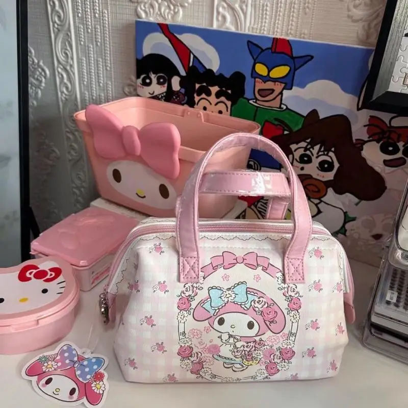 Mymelody Retro Cute Japanese Storage Bag Cartoon Large Capacity Girl Portable Makeup Bag Student Insulated Lunch Box Bag Gift