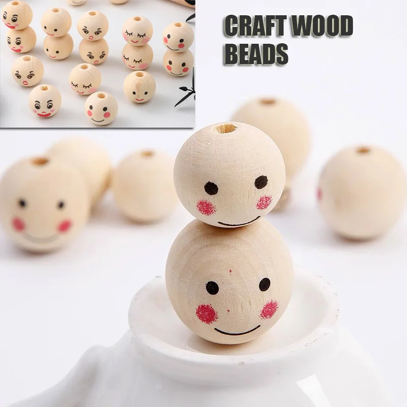 100pcs 20mm Wooden Beads Natural Smile Faces Craft Bulk Large Holes DIY Bracelets Jewelry Making Decorative Spacer Beads