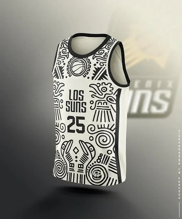 Maillot de basketball blanc entièrement imprimé LOS SUNS N°25, motif ethnique noir, gilet de sport sans manches en maille, tenue de fan streetwear culturelle