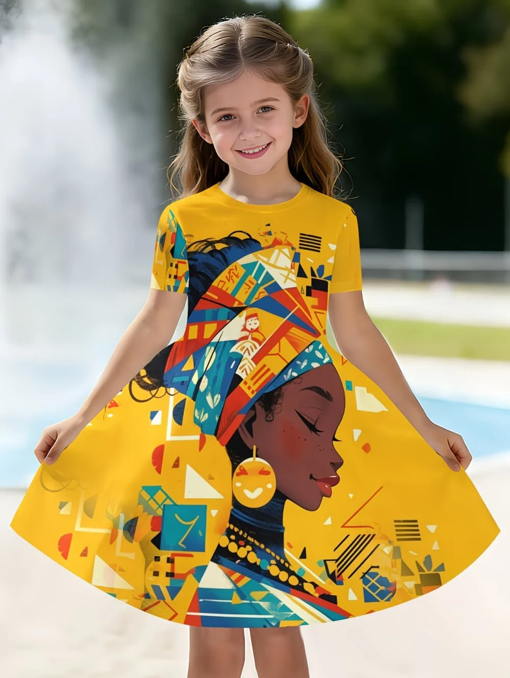 Girl's Dress Vintage Ethnic Print Short Sleeve Dress for Girls Lightweight Summer Casual Wear Holiday Comfortable Girl Clothing
