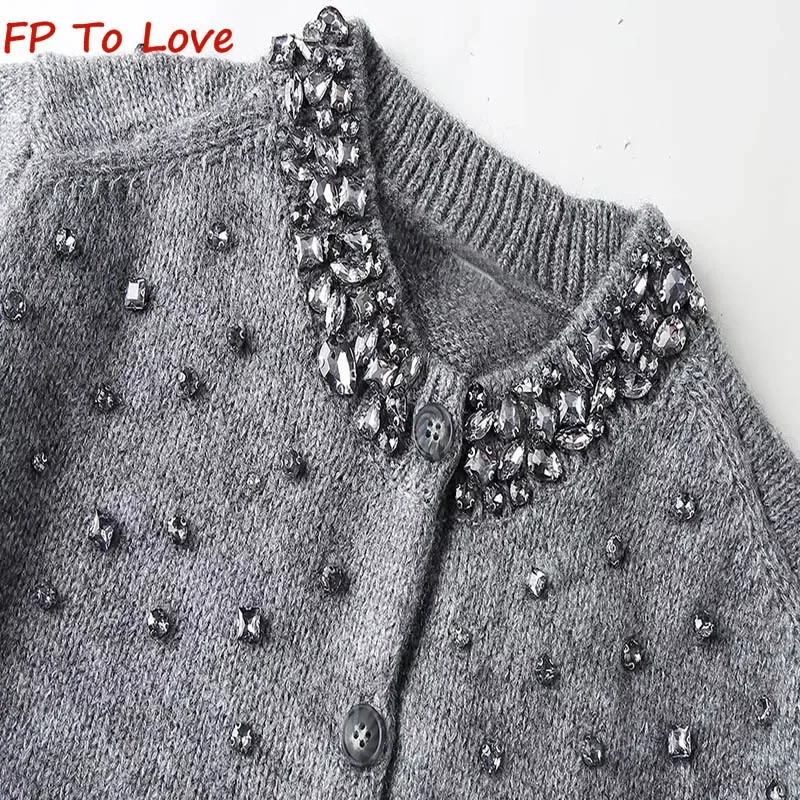 2024 Spring Autumn Round Neck Single Breasted Jewelled Knit Jacket PB&ZA Woman Grey Short Sweater 3859001