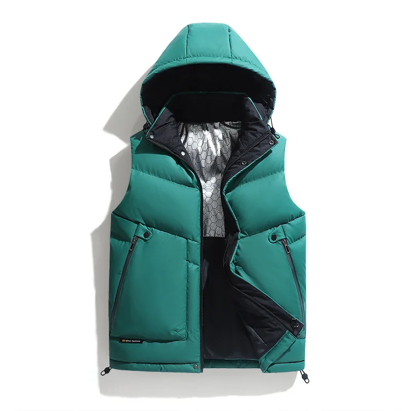 Solid Hooded Down Coats Men Zipper Down Jacket Sleeveless Pockets Cardigan Loose Fit Autumn 2025 Casual Slight Strech