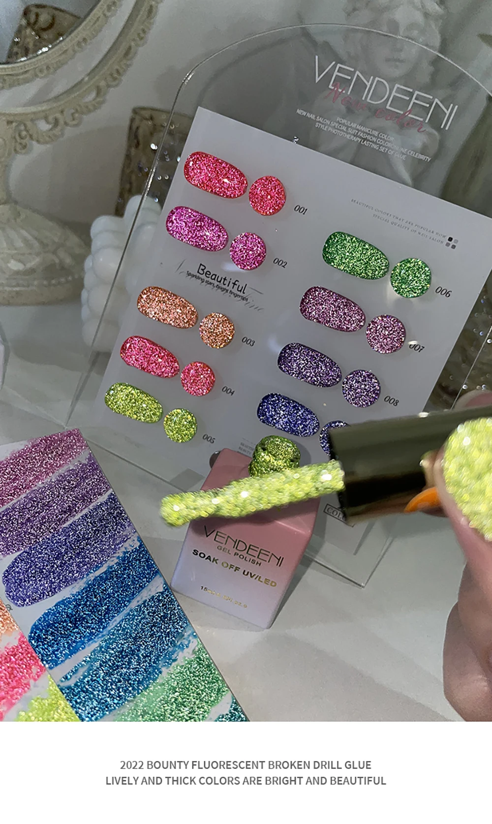 Vendeeni 9 Farben/Set Glitzer-Broken-Diamond-Gel-Nagellack, semi-permanenter fluoreszierender UV-LED-Soak-Off-Gel-Lack mit Display – Detail 7
