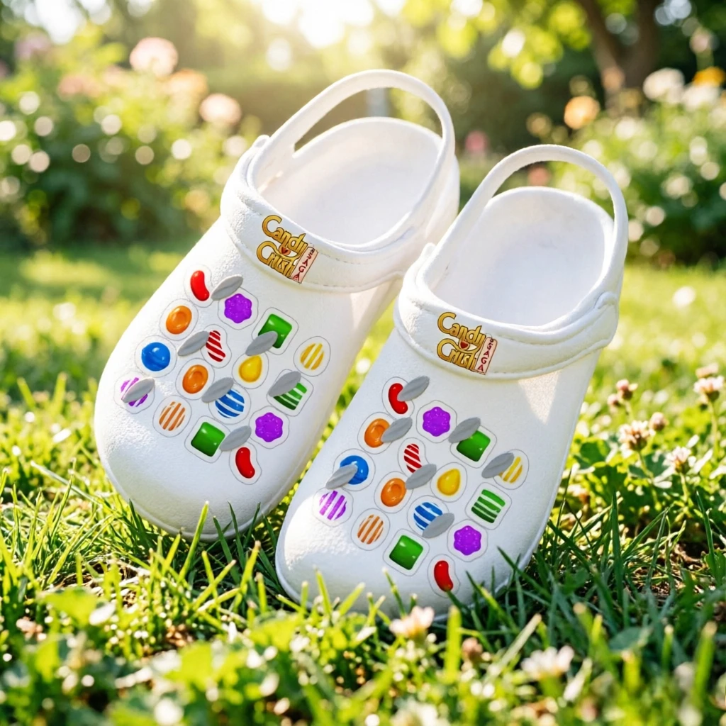 Candy Crush Saga Hollow Breathable Clogs, Custom Colorful Game Printing, Easy Wear Slip On Sandals, Unisex Vacation Shoes
