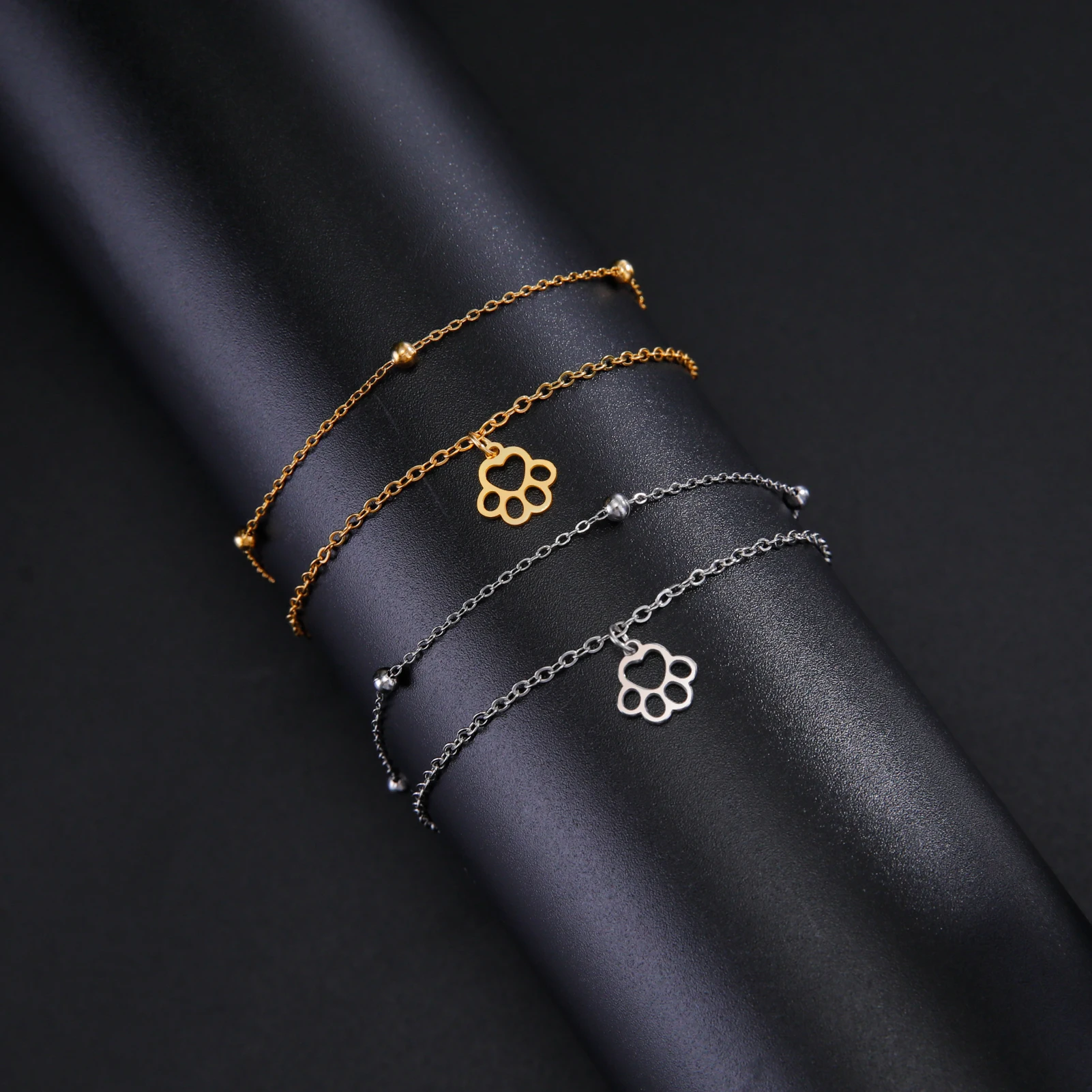 Niedliche Hunde- und Katzenpfoten-Charm-Armbänder mit doppelter Kette, Edelstahl, Tier-Fußabdruck-Armbänder, Schmuck, Geburtstagsgeschenk für Frauen