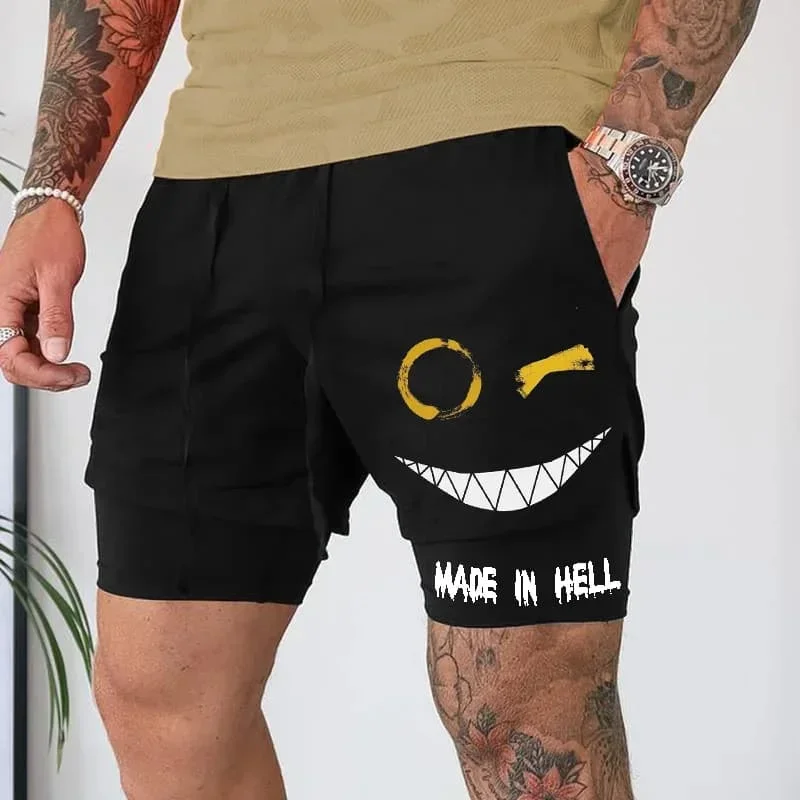 

Summer Men's Quick-Drying Fake Two-piece Shorts Men's Lake-up Printed Functional Shorts Men's Gym 2-in-1 Training Shorts Moto