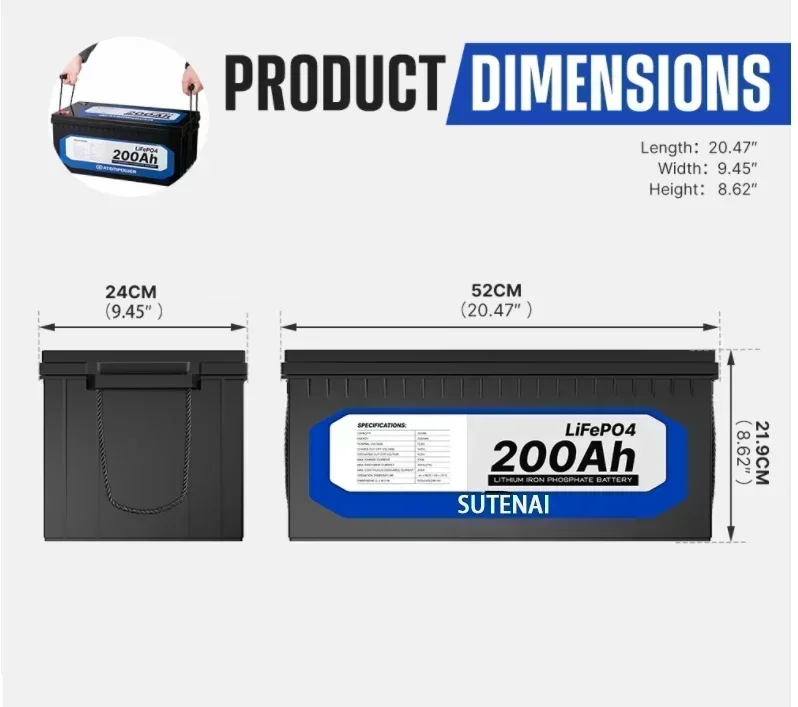 12V 200Ah LiFePO4-Batterie Eingebaute BMS-Lithium-Eisenphosphat-Zelle für Wohnmobile, Wohnmobile, Golfwagen, Off-Road-Off-Grid-Solar mit Ladegerät