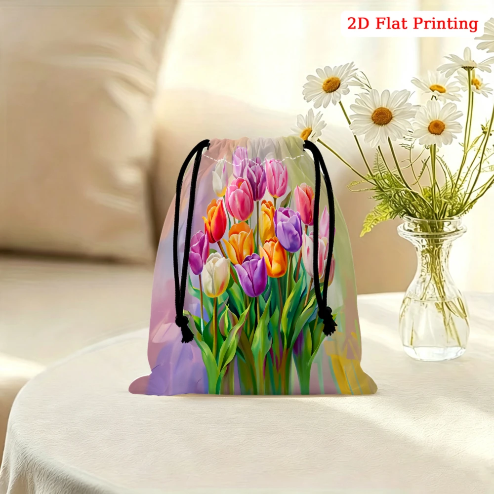 1pc Floral Tulip Print Drawstring Bag Multicolor 2d Flat Printing Storage Small Pouch For Travel Cosmetics Jewelry Organization