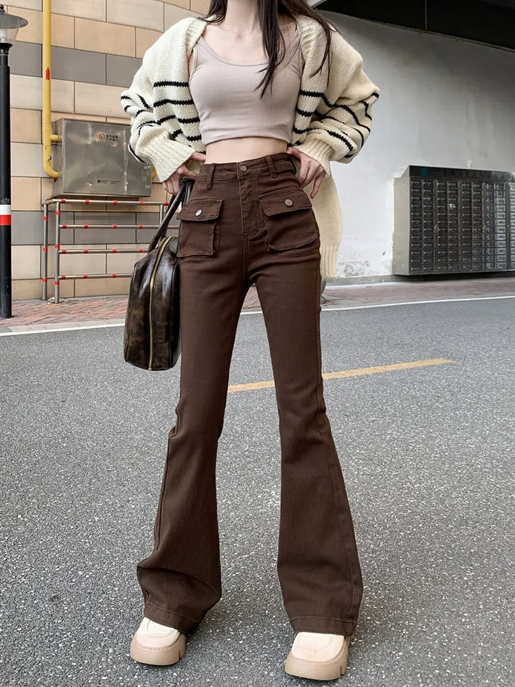 2023 Korean Y2K Fashion Stretch Brown Slim Flare Jeans Pants For Women Goth Clothes Dress Casual Lady Trousers Pantalon Femme