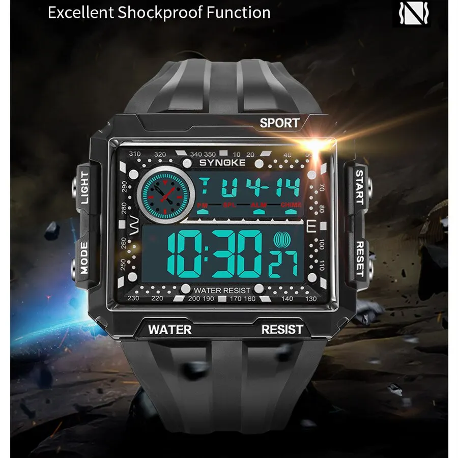 SYNOKE New Men Mountaineering Digital Watch Waterproof Shock Resist Large Screen Outdoor Running Student Fashion Watch Handsome