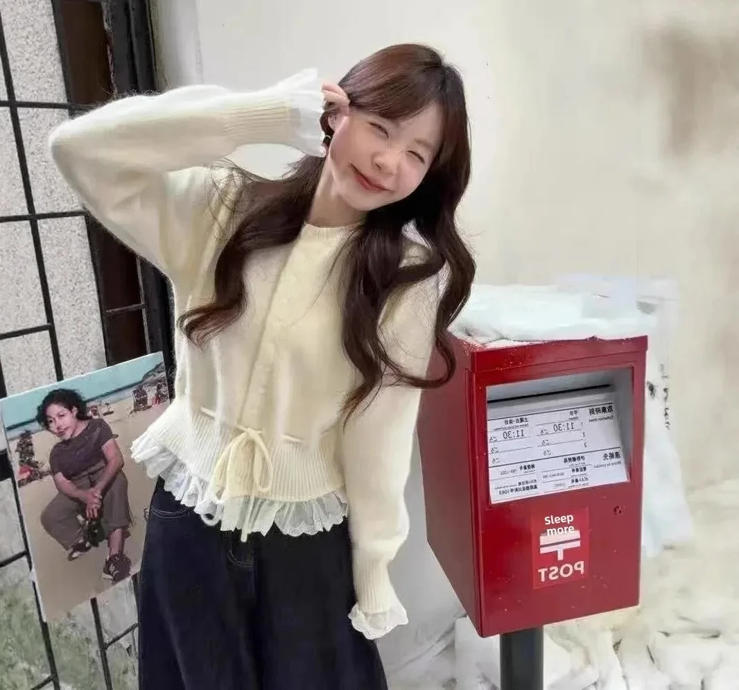 

Autumn Winter New Drawstring Waist Inward ClothesKorean Style Long Sleeve Lace Splice Knitted Sweater Coat Women's