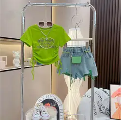 Baby Girls Summer shorts clothes Sets cotton pearl T-shirt+Jean Shorts+bag 3pcs Princess Causal Suits 2-12T kids outfits meisjes