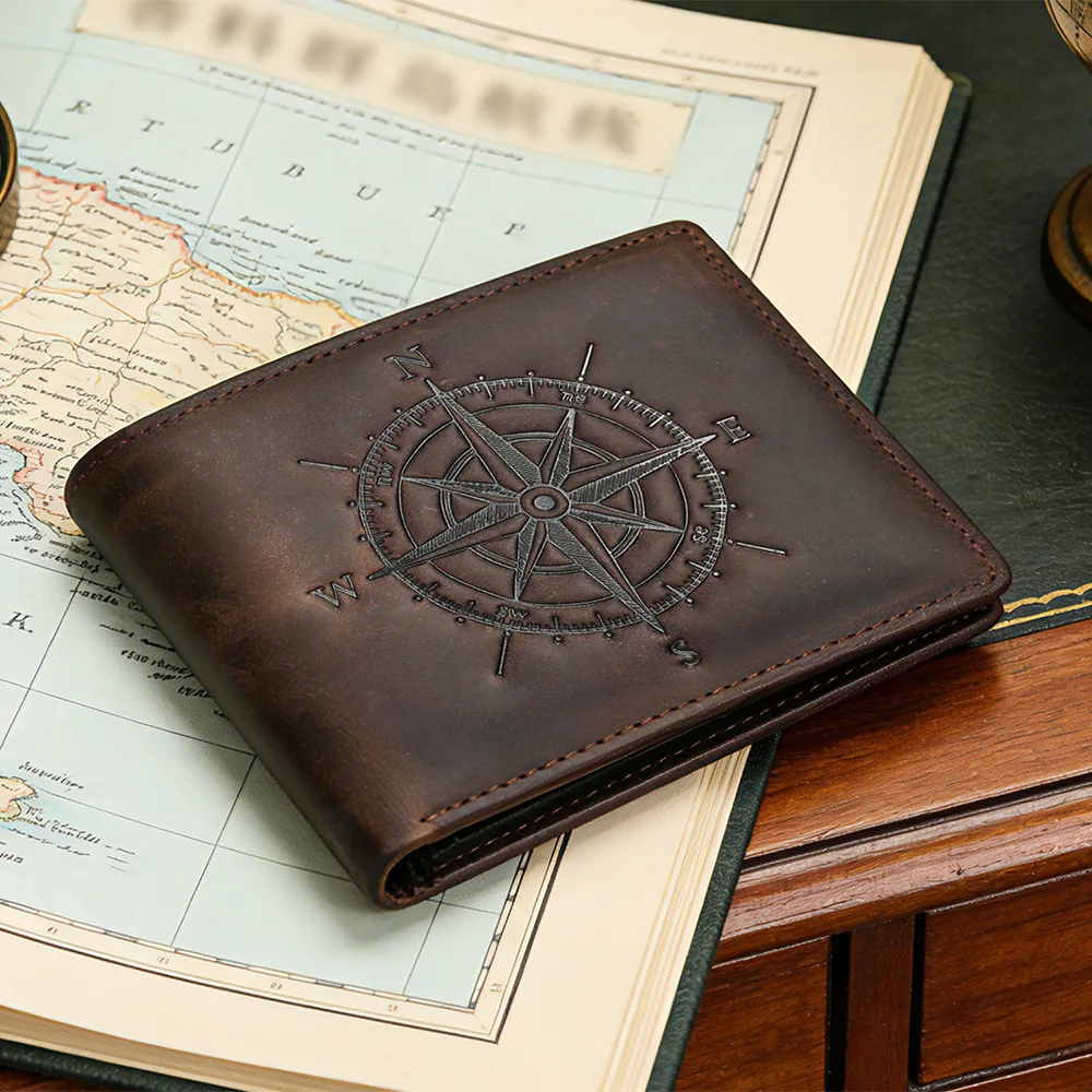 

Винтажный мужской кошелек Crazy Horse из натуральной кожи, RFID-блокирующий компас, короткий кошелек с тиснением, двойной мужской клатч с карманом для монет