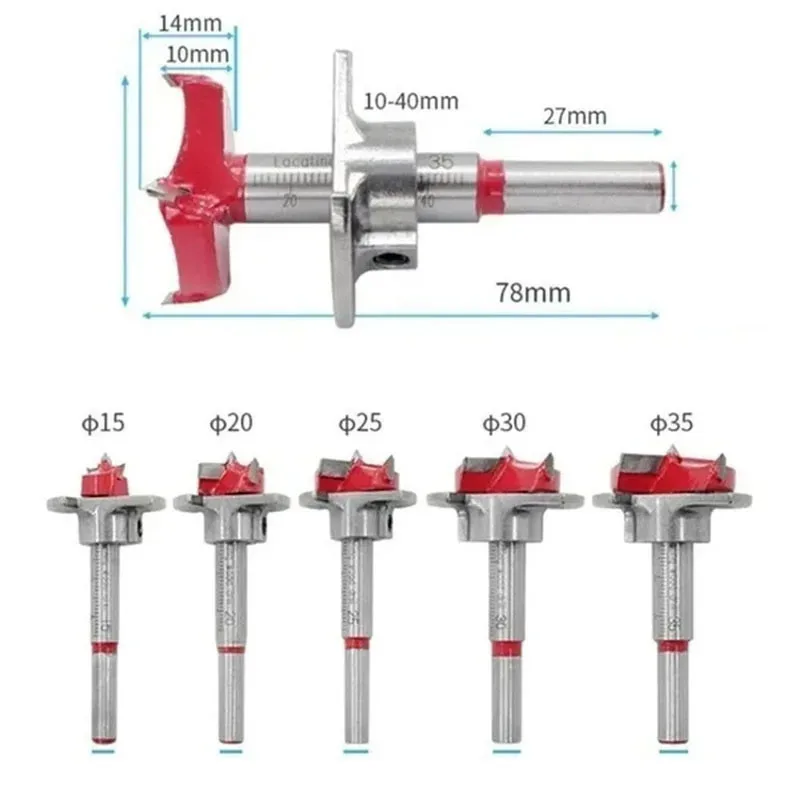 木工ポジショニングホールドリルビットキット、調整可能なヒンジ穴オープナー、カーペントリーアクセサリー、超硬、5個