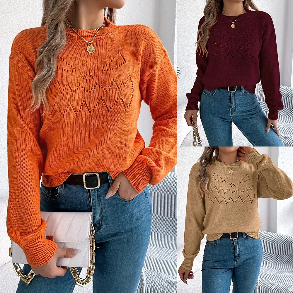 

Autumn Women's Clothing Solid Hollow Out Long Sleeve Pullover Sweater Lantern Sleeves For Woman Acrylic Knitwear Regular Fit