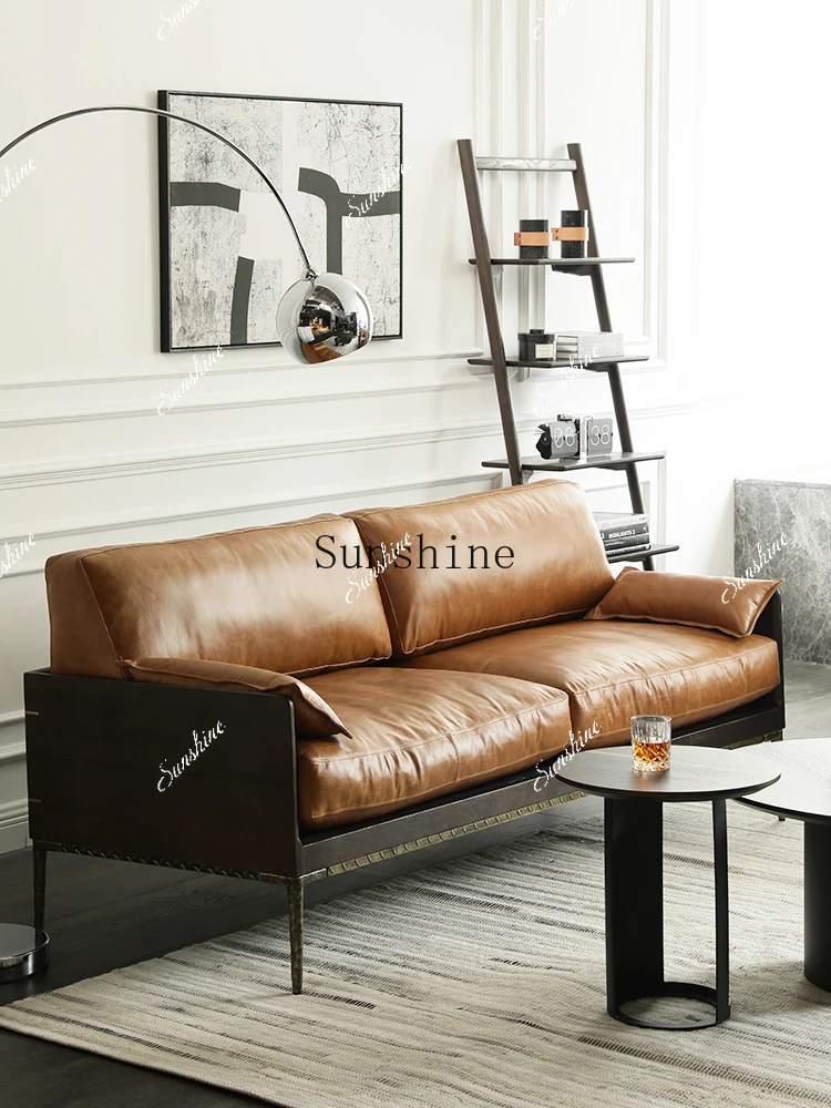 Nordic oak light luxury modern simple small apartment three-person leather sofa  FT