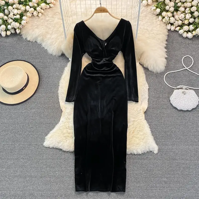 Autumn Winter Green/Black Velvet Long Dress Women Sexy V-Neck High Waist Bodycon Party Vestido Female Slim Maxi Robe New Fashion