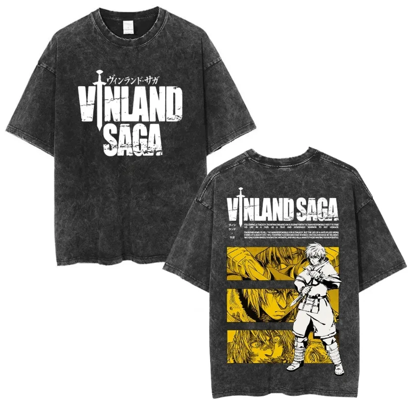 الرجال الملابس موضة الشارع عادية القطن المتضخم تي شيرت للجنسين خمر غسلها أنيمي فينلاند ساغا Thorfinn Karlsefni تي شيرت #3
