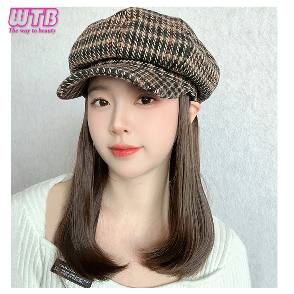 Synthetic Hat Wig Medium Long Hair boinas Berets wig caps for women Octagonal Hat wig Extensions Hair Accessories