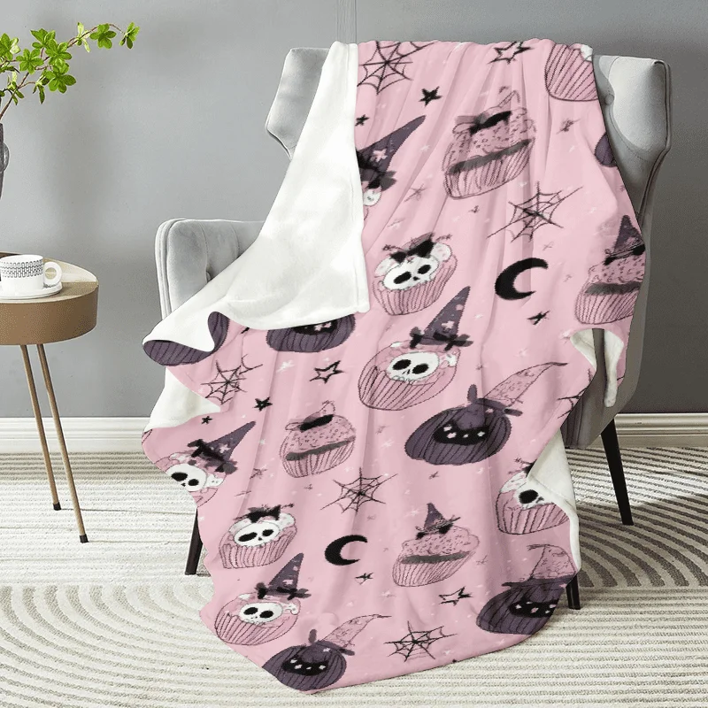 Soft Flannel Halloween Blanket, Pink Black Witch Hat Bats Pumpkins, Cozy All-Season Throw for Couch Bed Camping, Perfect