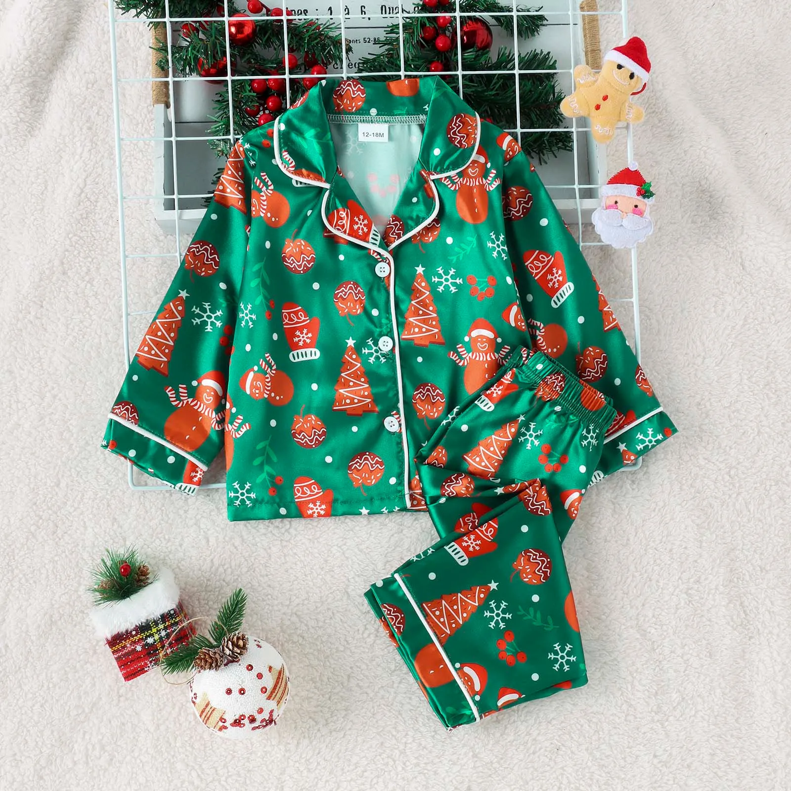 Christmas Satin Pajama 2 Pieces Set Baby Girls Christmas Print Long Sleeves Button Closure Top With Long Pants Sleepwear Outfits