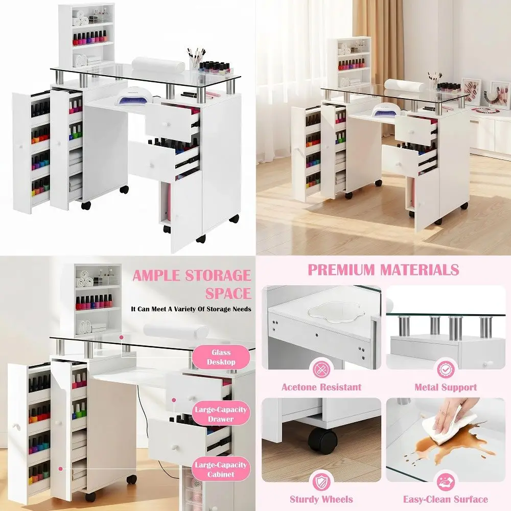 

Table Nail Tech Desk,Glass Top Nail Salon Table w Wrist Cushion,1 Cabinet 2 Side Drawers 2 Vertical Storage Drawers 3Tiers Shel