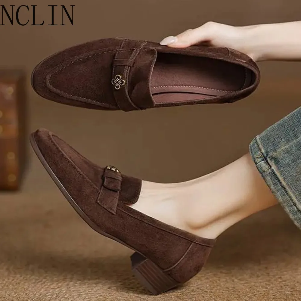 Sheep Suede Elegant Spring Shoes Chunky Heels Oxford Shoes Slip On Business Casual Women Metal Flowers Loafers Pumps