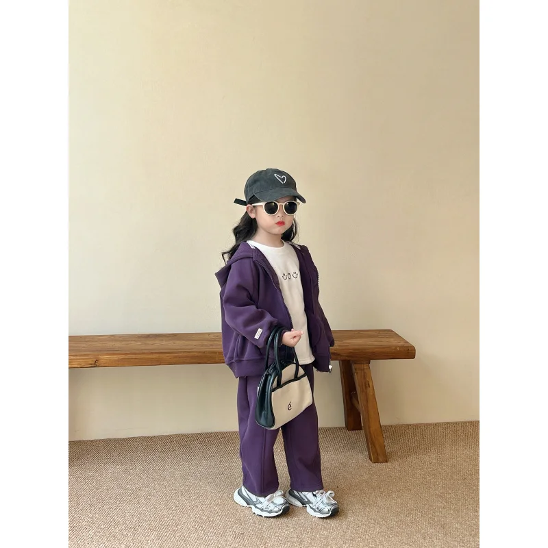 Girls Fleece-Lined Suit2024Autumn and Winter New Children2-7Two-Piece Casual Sports Jacket-Year-Old Trousers