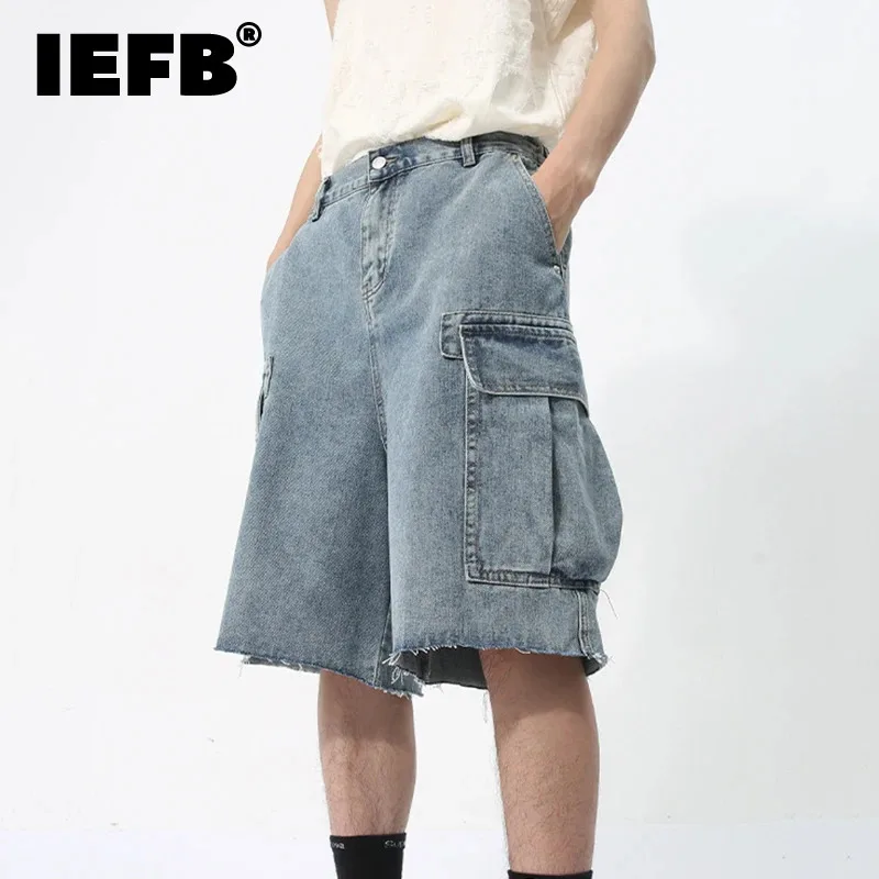 

IEFB Men's Denim Shorts Knee Length Korean Style Big Pocket Design Washed Overalls Casual Zipper Loose Male Jeans New 9C5738