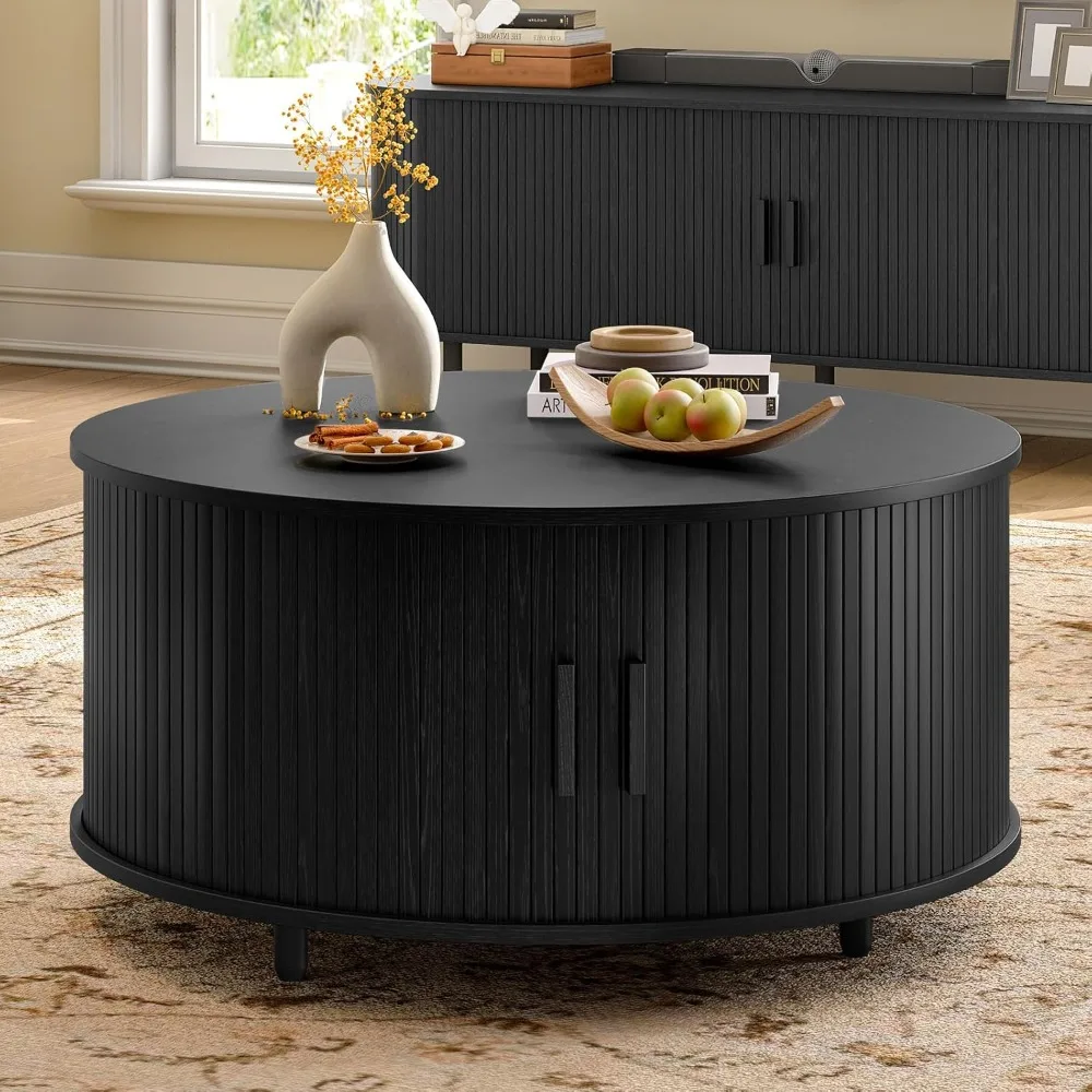 Mid-Century Modern with Storage, Fluted with Adjustable Footpads, 360° Rotation，31.5 Inch Round Coffee Table