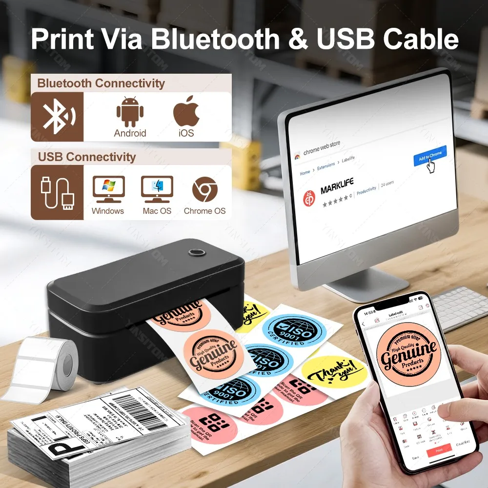 طابعة ملصقات حرارية بلوتوث 110 مم، طابعة ملصقات شحن لاسلكية متوافقة مع iPhone Android Windows X4 المستخدمة على نطاق واسع