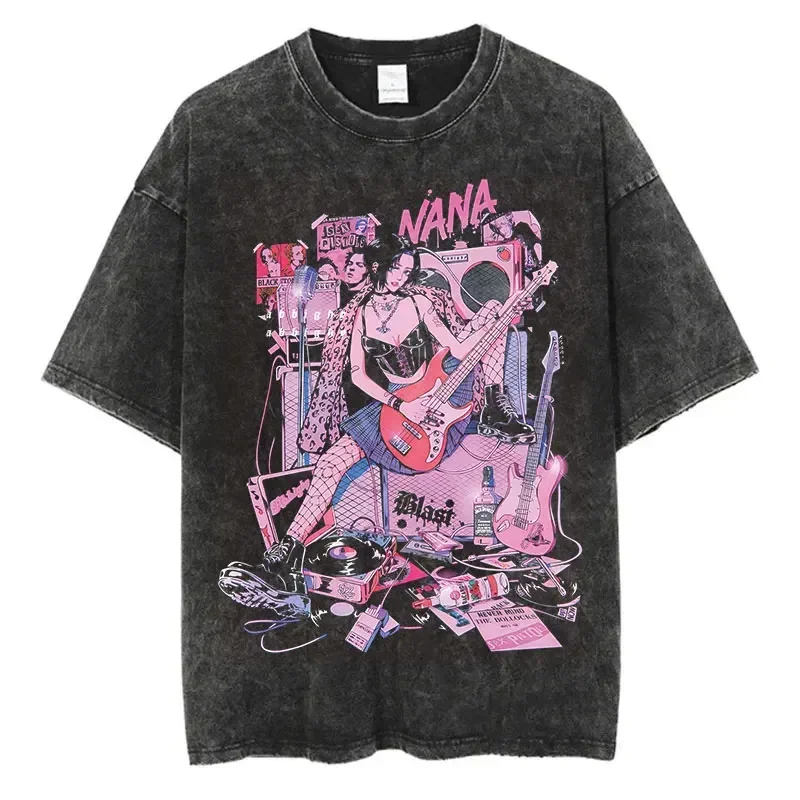 Japanese Anime Nana Osaki Print Vintage Washed Men Tshirt Harajuku Streetwear Graphic T-Shirt Summer Short Sleeve Cotton Tshirt