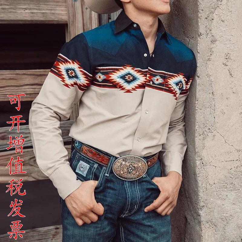 Printed Shirt Collar Fitted Ethnic with Fitted Silhouette Spring Print Detail Ethnic Style Open Front Long Sleeve Men Shirts