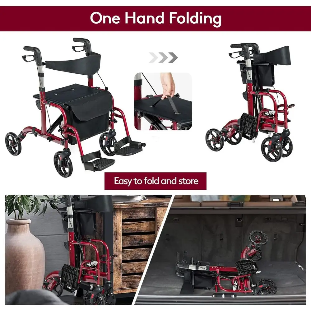 Adjustable Height 4-Wheel Rollator with Folding Design, Reversible Backrest, and Detachable Storage for Seniors - Red