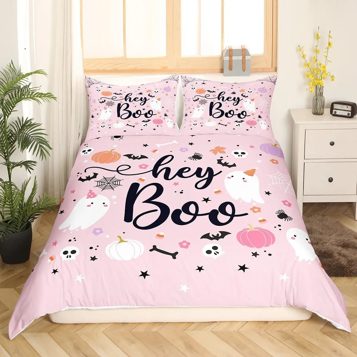 الوردي أشباح حاف مجموعة غطاء حجم واحد هالوين موضوع طقم سرير 2/3 قطعة الاطفال فتاة غرفة ديكور القوطية الجمجمة العنكبوت الخفافيش اليقطين #3