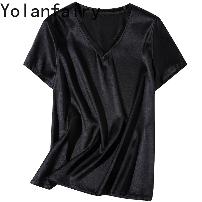 

YOLANFAIRY 95%Mulberry Silk 5%Spandex T Shirts for Women Short Sleeve Top V-neck Light Luxury Satin Tee Shirt Femme Shirts Woman