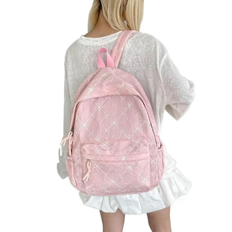 Nylon-Rucksack mit süßem Schleifenmuster, großes Fassungsvermögen, leicht, mehrere Taschen, Schultasche, lässiger Alltagsrucksack für Studenten und Pendler – Detail 5