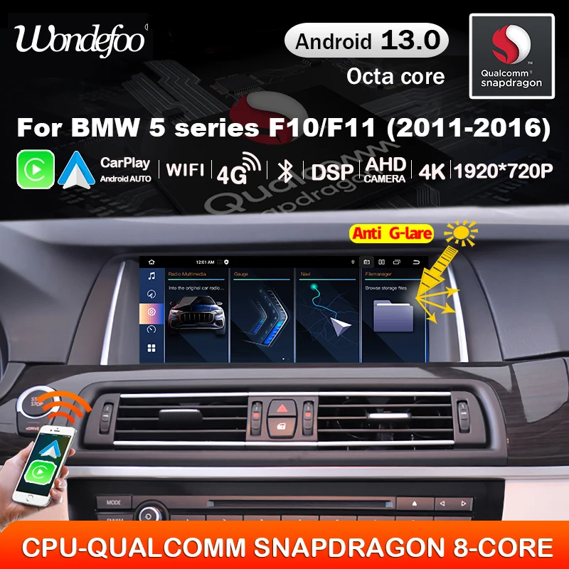 Snapdragon 8 CORE Carplay Android 13 Auto écran d'autoradio pour BMW série 5 F10/F11 520i 525i 528i lecteur multimédia GPS stéréo