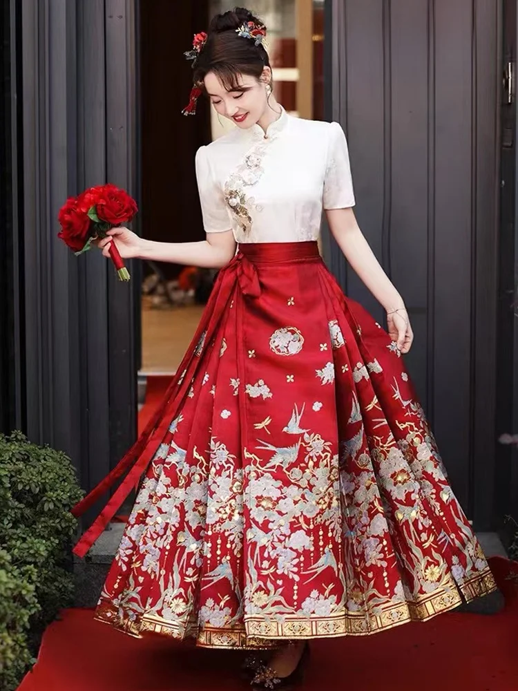 

Красная плиссированная юбка Red Wind для женщин: новая китайская модель, повседневная, для невесты, в стиле Ханьфу, подарок, с высокой талией