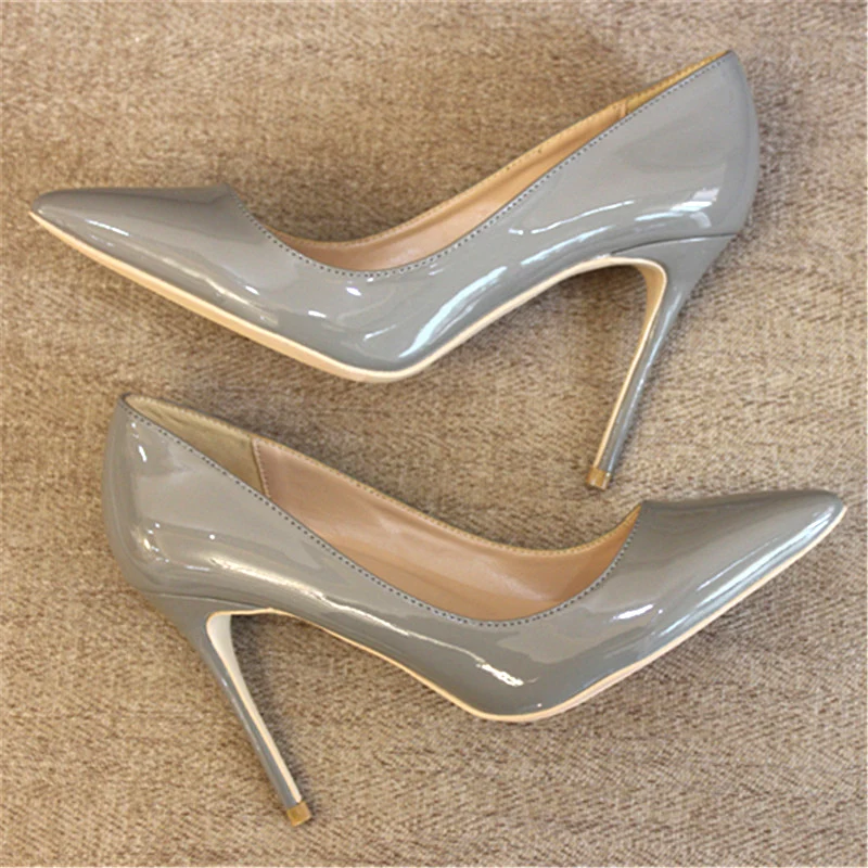 Sexy Grey Patent Leather Slip-on Pumps Stiletto High Heels  Women Low cut Pointed Toe Dress Party Shoes For Ladies High Heels