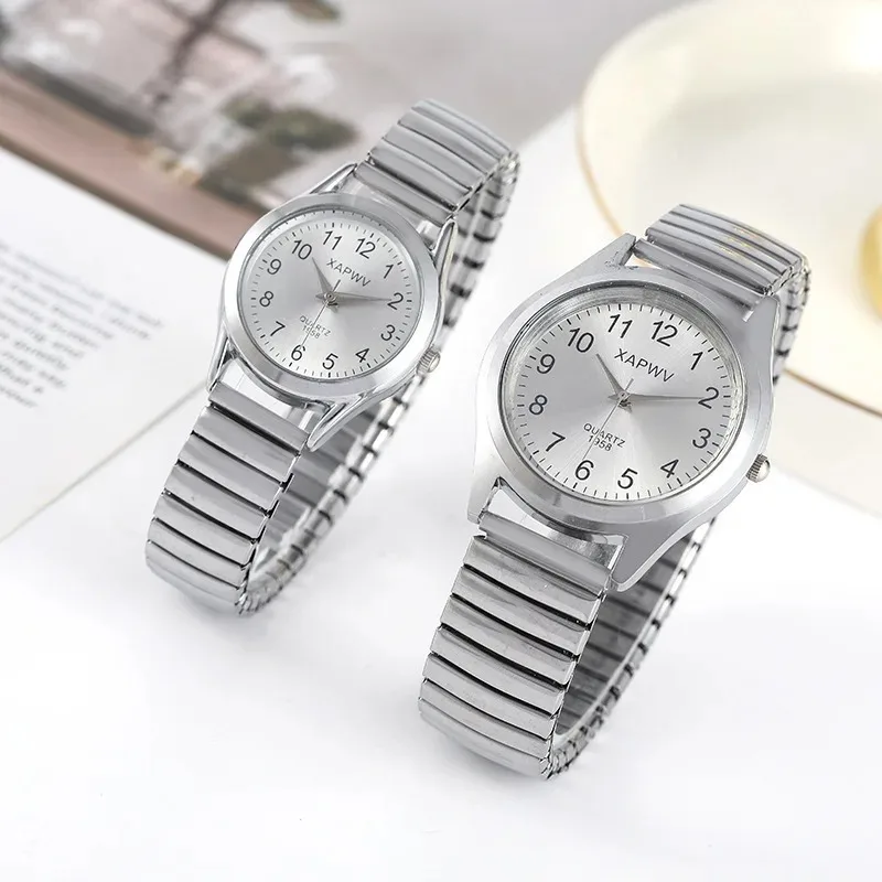 Man Women Couple Wrist Watches Stainless Steel Band Alloy Lovers Business Movement Wristwatch Elastic Strap Band Quartz Watch