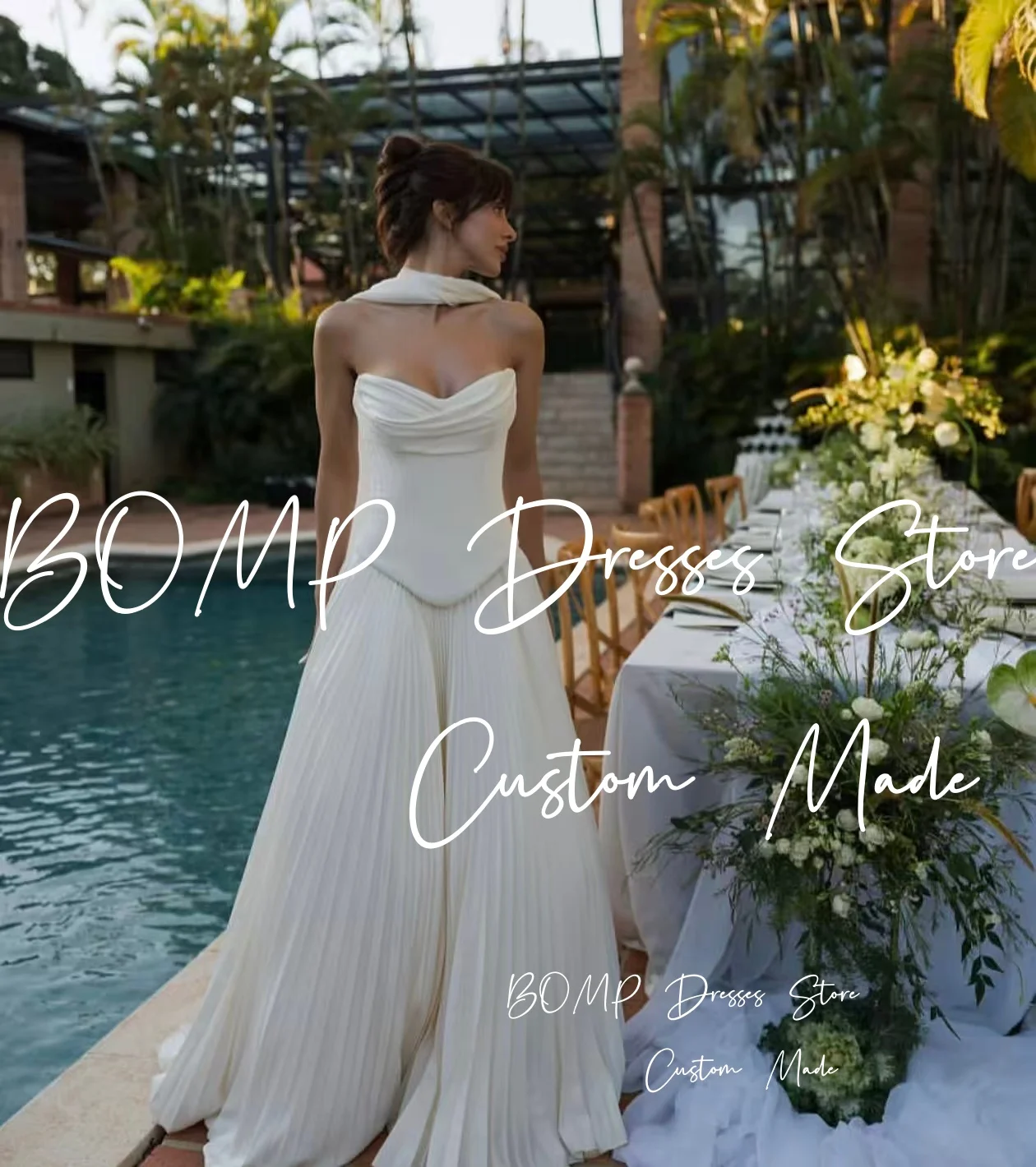 BOMP أنيق مطوي فستان حفلات الزفاف على شكل قلب مشد سويب تراين على شكل حرف a فستان زفاف من الساتان الأبيض مخصص فيستدو دي نوفيا
