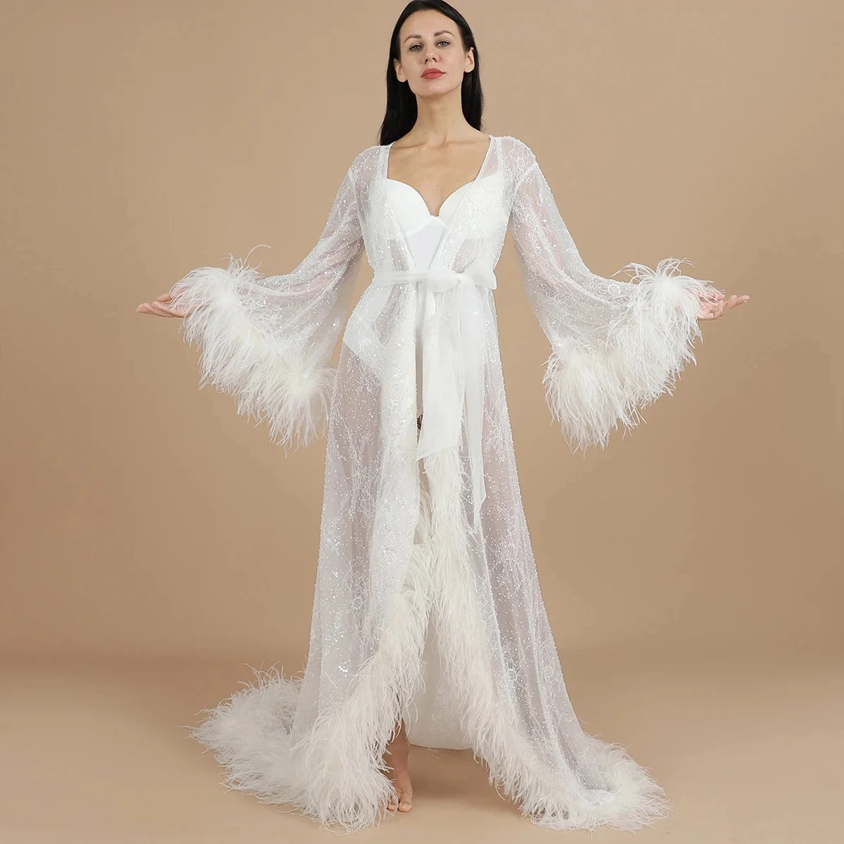 

Sexy Lllusion Lace Women's Nightwear Elegant Feather Sleeve Skin-Friendly Dressing Gown Pajamas Housecoat Sleepwear Customized