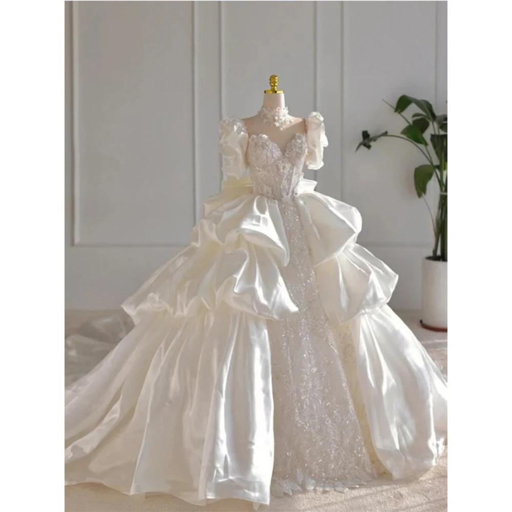 

Kadisua White Exquisite Wedding Dress Women Short Sleeve Appliques Puff Chapel Train Princess Ball Gown Tiered Luxury Dresses