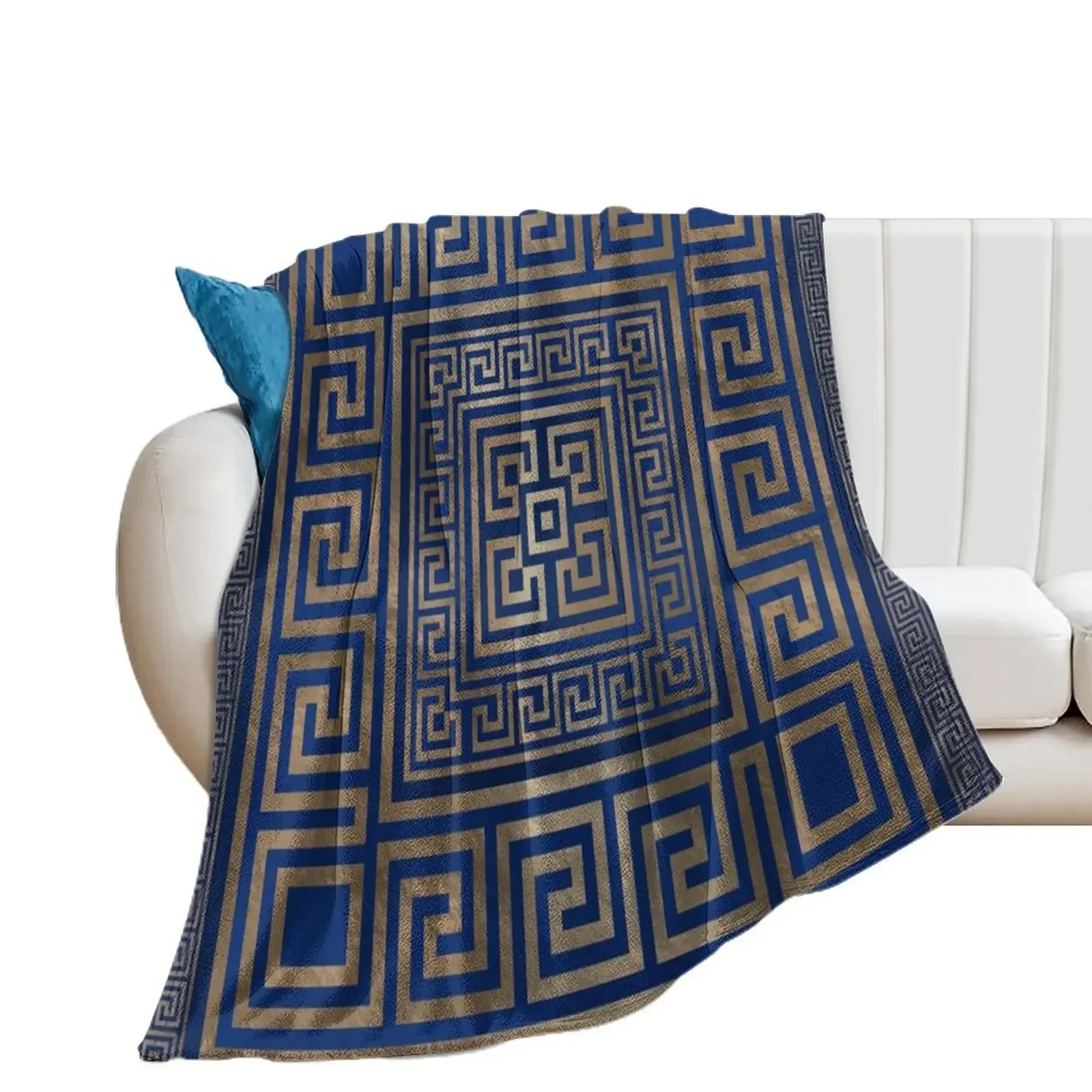 Greek Key Ornament - Greek Meander -gold on blue Throw Blanket Vintage Camping cosplay anime Luxury Throw Blankets