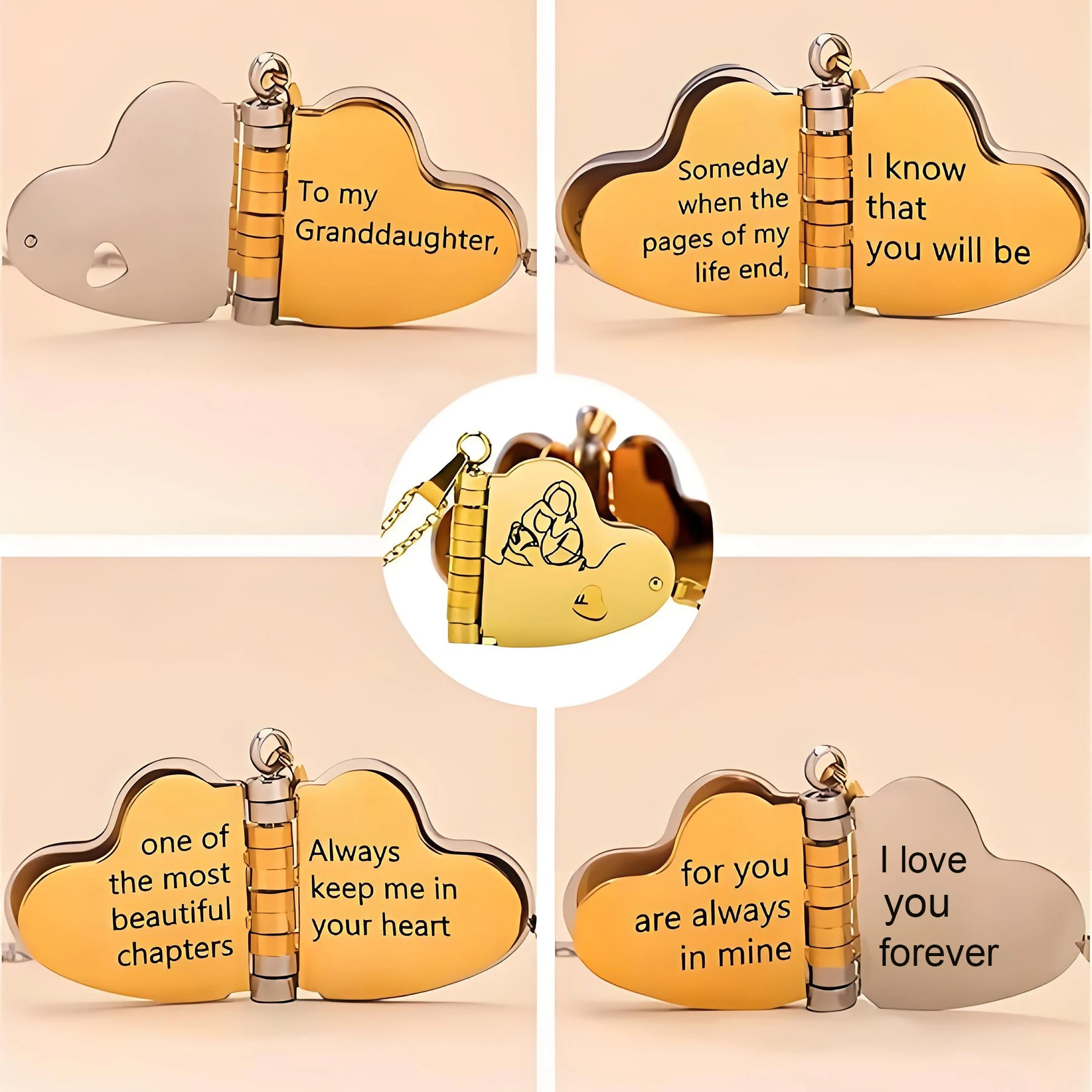 Collana con ciondolo libro in acciaio inossidabile a forma di cuore, messaggio personalizzato, testo apribile, libro multi-paglia, parole, regalo di gioielli personalizzati