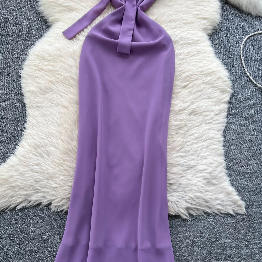 Clothland ผู้หญิงเซ็กซี่ Lilac ชุด Ruffles Bow Tie สปาเก็ตตี้สายรัดแขนกุด One Piece Midi Cami ชุด QE124
