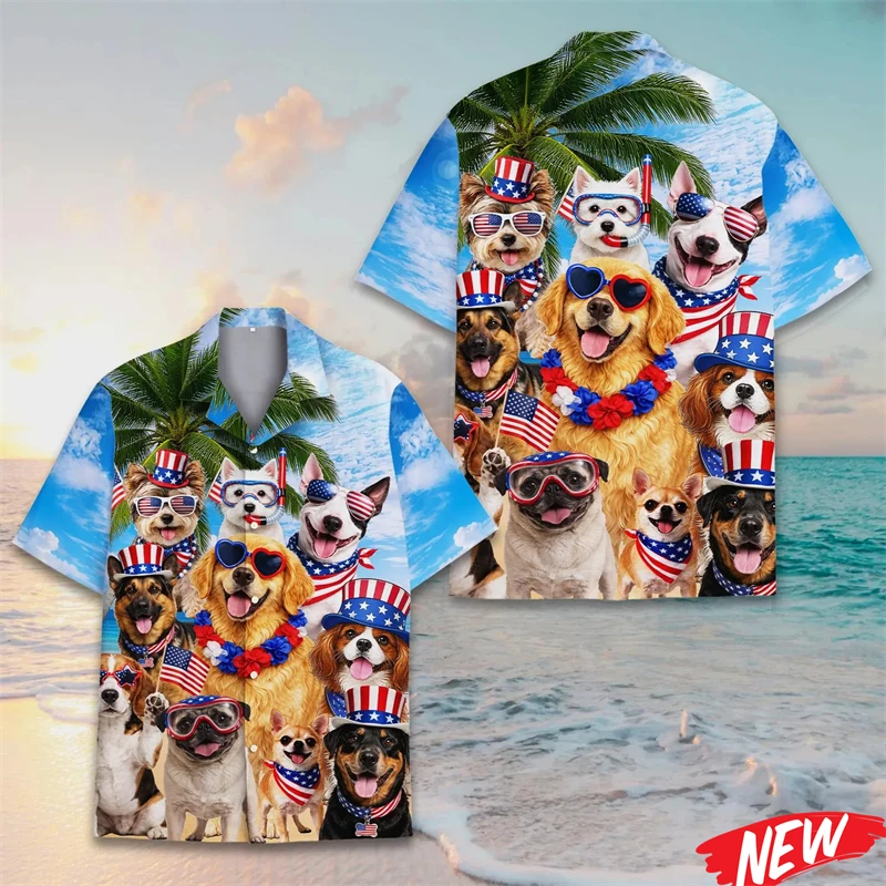 Men's Cute Dog Tropical Floral Beer Print Short Sleeve Shirt Lapel Button Down Hawaiian Style Beach Vacation Daily Mens Clothing