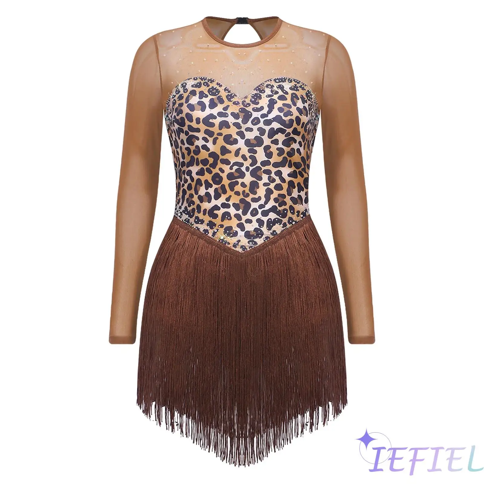 Womens Halloween Latin Ballet Dance Leotard Costume Leopard Print Mesh Long Sleeve Keyhole Back Bodysuit for Cavewoman Dress Up